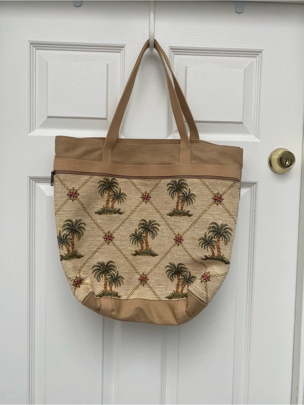 Vintage My Maine Bag Tropical Palm Embroidered Canvas Tote in Tan